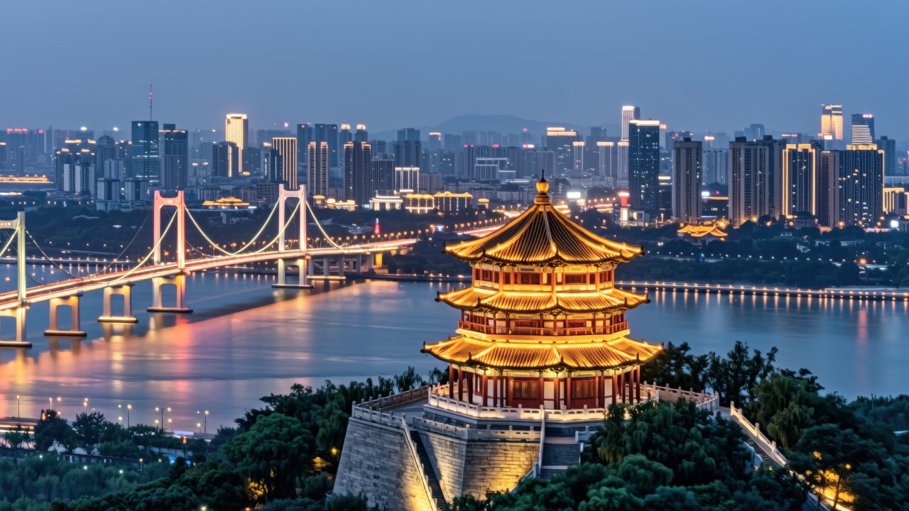 Wuhan skyline and bridge across the Yangtze