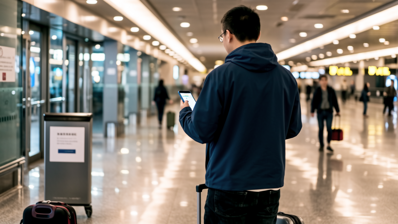 A traveler checking his phone in an airport arrivals hall